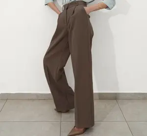 Brown Straight Palazzo Pants Office Ladies Pleated Zipper Button Winter Trousers Vintage High Waist Women Trousers