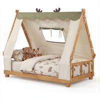 Cama individual de diseño rústico con tela de terciopelo holandés, cama de suelo de madera para niños con forma de casa, con ventana, valla y barandillas de seguridad
