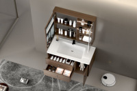 Meuble-lavabo mural de style rétro en bois massif multicouche avec miroir LED intelligent et vasque en céramique pour maison moderne