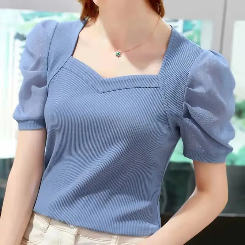 2023 중국 새로운 여름 공주 소녀 v-목 얼음 실크 탑 캐주얼 화이트 퍼프 짧은 소매 티셔츠