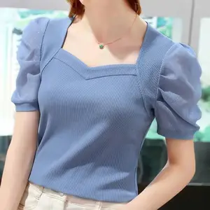 2023 China New Summer Princess Girl V-neck Ice Silk Tops Casual White Puff Short Sleeve T-shirts For Women