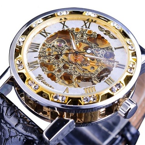 Montres mécaniques pour hommes WINNER 1089 avec strass ajourés, cadran en verre tendance, bracelet en cuir manuel - Vente en gros - Product Image 1