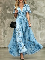Robe imprimée style bohème élégante et sexy à col en V profond et manches volantées, personnalisable et en gros, collection été 2026