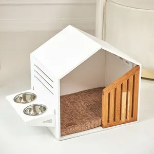 带喂食器的木制宠物家具易于组装透气宠物板条箱，用于玩耍和休息木狗窝屋