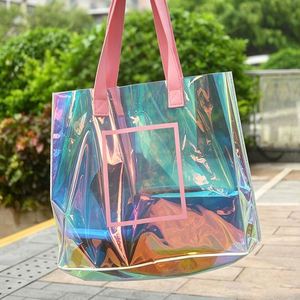 Custom Logo Holographic Laser Pvc Transparent Tote <b>Gift</b> Bag Iridescent Rainbow Shopping Handbag With <b>Stitched</b> Handle - Product Image 2