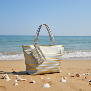 Borsa da Spiaggia a Righe Oro e Argento 57x37x17Cm con Manici Larghi e Stretti e Borsa Piccola Abbinata - Product Image 2