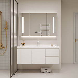 Juego de tocador de baño de lavabo doble de 60 pulgadas con espejo LED, encimera de mármol y 2 cajones, gabinete de madera impermeable para el hogar - Product Image 4