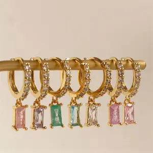 Fashion Colorful Rhinestone Square Dangle Earrings Copper Crystal Hoop Drop Earrings For Women Wedding Jewelry