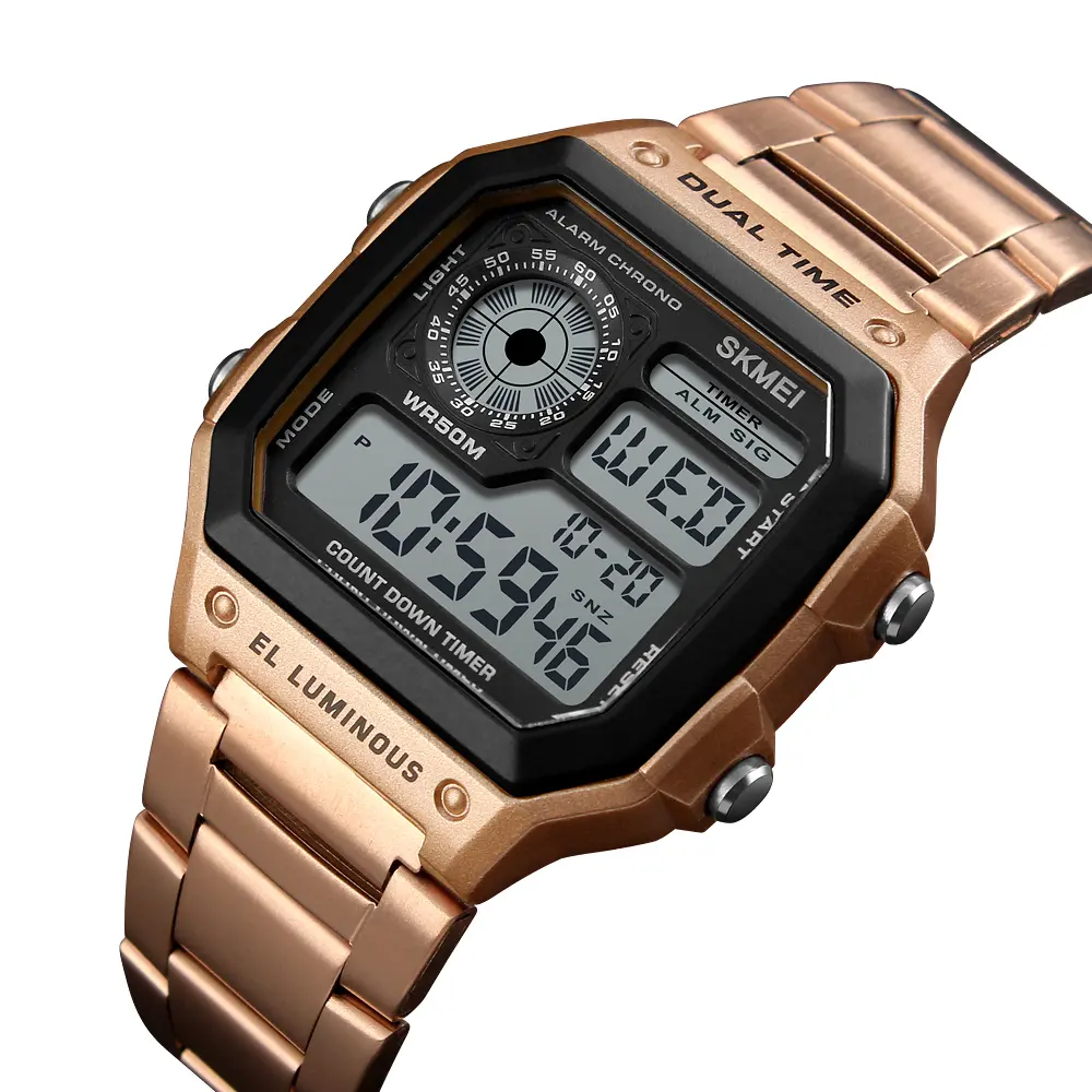 Fashion LED Electronic Digital Man Watch SKMEI 1335 Stainless Steel Band All gold square wristwatches