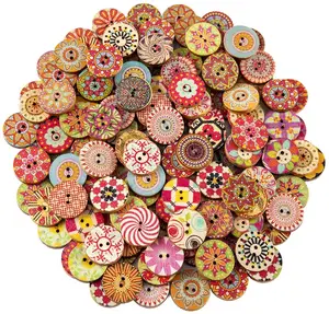 25mm 100pcs Mixed Random Flower Painting Round 2 Holes Wood Wooden Buttons for Sewing Crafting