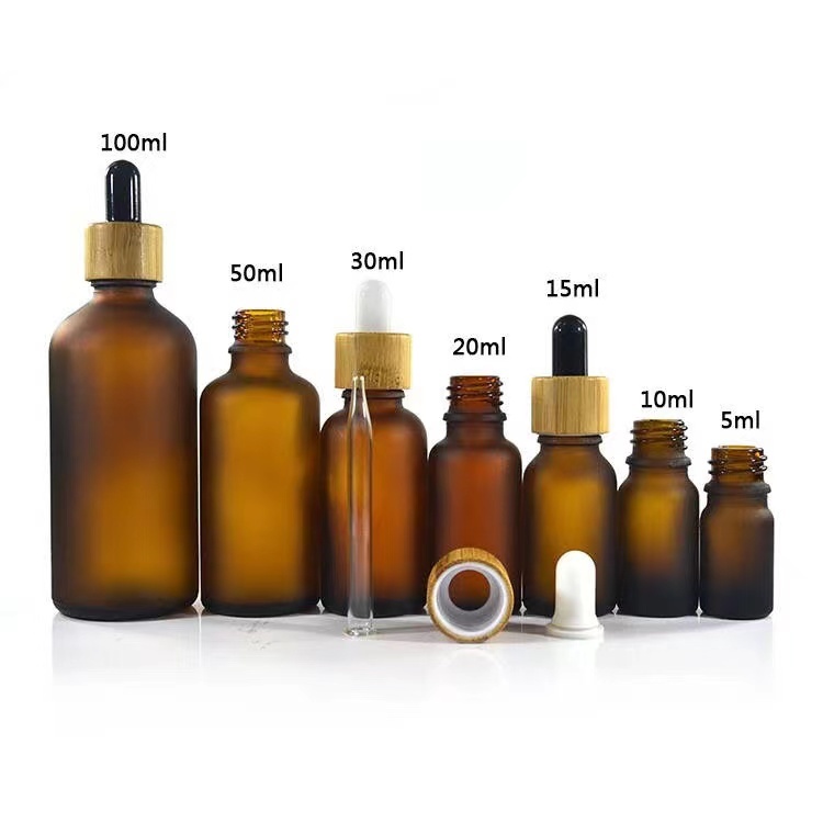 In Stock Matte Amber 5ml 10ml 15ml 20ml 30ml 50ml 100ml Glass Dropper Bottle With Bamboo Dropper