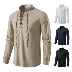 Hommes écossais jacobite Ghillie Kilt chemises médiéval Renaissance Pirate Costume à manches longues à lacets Henley chemise hommes Camisas XXL