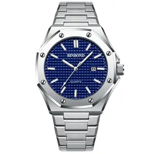 BINBOND B0233 Moda masculina relógio pulseira de liga com parafuso octogonal anel decorativo quartzo movimento de negócios relógio masculino