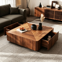 Table basse en noyer de style moderne du milieu du siècle, structure en bois, base en métal, design minimaliste, table de salon carrée, fonctionnelle