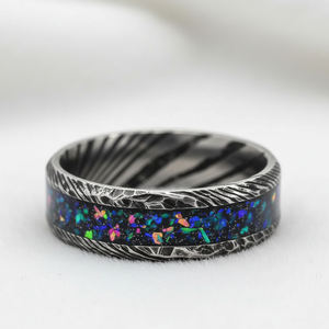 Nouvelle conception, bague en acier damas tendance de 8 mm, incrustation d'<span class=keywords><strong>opale</strong></span> galactique, plaquée <span class=keywords><strong>noire</strong></span>, pour homme, femme, unisexe, alliance, bague de fiançailles, bijoux - Product Image 2