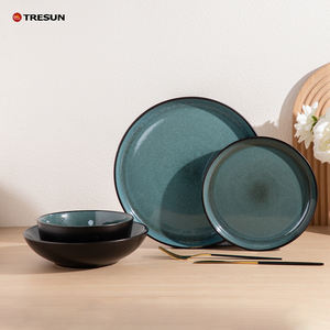 Oferta caliente: Juego de vajilla de lujo de 12 piezas con platos de cerámica y gres con esmalte reactivo verde y azul para hotel - Product Image 3