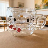 Mug en verre borosilicate à double paroi sous vide Hello Kitty - Résistant à la chaleur, mignon, transparent, sans pied, sans couvercle, avec poignée pour la maison