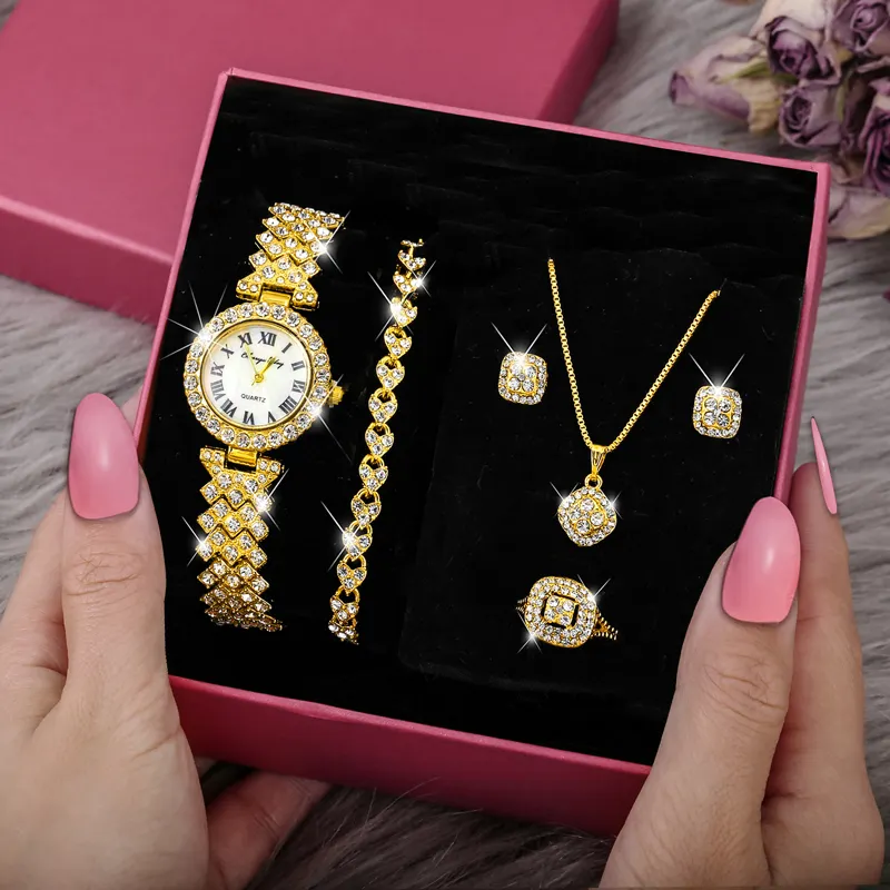 Fashion Luxury Full Crystal 5 Pcs Watch Set Diamond Necklace Earrings Set Jewelry For Women Gift 2022