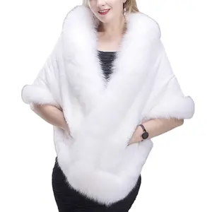 MWFur Fashion Women Rex Rabbit Fur Cape with Fox Fur Trim Ladies Authentic fur cape winter wedding cape