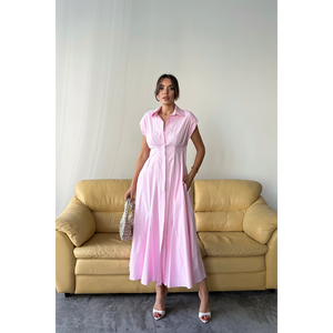 Robe en popeline rose sans manches, rembourrée, boutonnée sur le devant avec détail de plis à la taille, style bureau translucide, ODM XS-XL, longueur ras du sol - Product Image 2