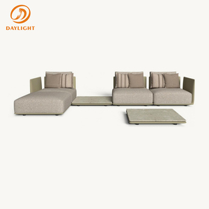 Set di Divani Sezionali da Esterno Moderni e Geometrici, Mobili da Patio in Stile Box <span class=keywords><strong>Blu</strong></span> Navy Intenso con Cuscini Color Crema e Pouf Rotondi - Product Image 6