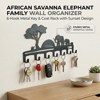 Porte-clés mural en métal, motif famille d'éléphants de la savane africaine au coucher du soleil, pour entrée, clés, chapeaux, sacs, décoration murale pour la maison