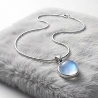 Collier personnalisé en gros plaqué argent avec chaîne serpent et pendentif rond en verre cristal bleu lune, bijou minimaliste pour femme