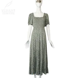 YuFan Custom Ladies Ruffled Floral Print Maxi Long Dress Square High Waist Casual Dresses Summer