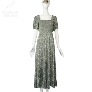 Yufan Tùy Chỉnh Phụ Nữ Xù Hoa In Maxi Dài Váy Vuông Cao Eo Giản Dị Dresses Mùa Hè