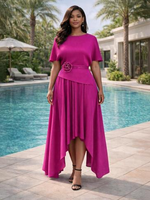Ensemble deux pièces pour femme en 100 % polyester à ourlet asymétrique - Col ras du cou, taille ornée de roses 3D et jupe fluide