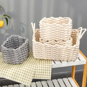 Gray Beige Desktop Organization Weaving Storage Bins for Bedroom and Makeup Cotton Rope Basket Cotton Rope Basket with Handle