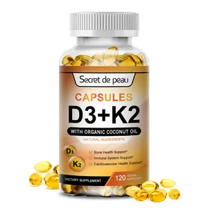 Private Label 120pcs Vitamina D3 K2 Softgel Suporte Imunológico Cápsula Ingrediente Natural com Óleo de Coco Orgânico