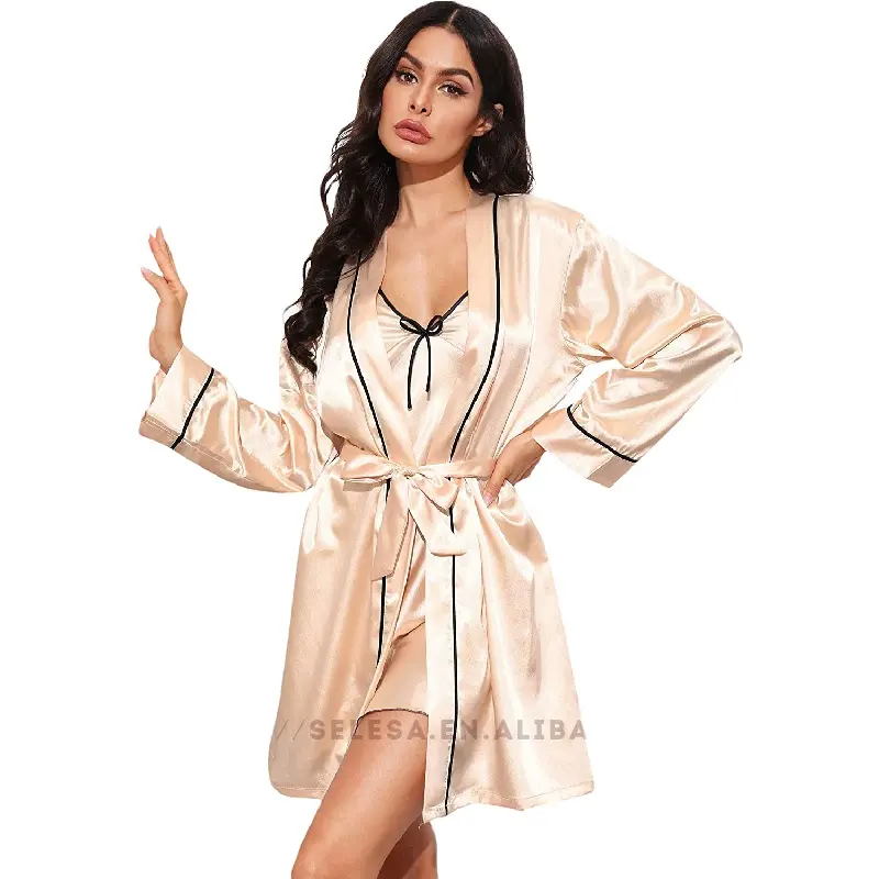 2024 новый стиль, Высококачественная Пижама, оптовая продажа, Женский комплект из 2 предметов, сексуальная женская пижама с кружевной отделкой, Пижамный халат из атласа