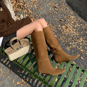 Pure Hand-Made Cow Skin Classic <b>Closed</b> <b>Toe</b> Retro Boot Slip-On Closure Mid-Calf Slim <b>Heel</b> Fashion Female Boot - Product Image 4