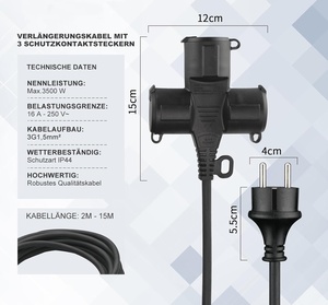 <span class=keywords><strong>Rallonge</strong></span> <span class=keywords><strong>électrique</strong></span> en caoutchouc Euro de 10 m, IP44, prise 3 broches vers triple prise extérieure avec couvercle, 3500 W - Product Image 3