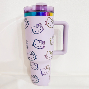Mug isotherme personnalisable en acier inoxydable à double paroi de 40 oz avec motif de dessin animé KT, gravure laser, poignée et paille pour - Product Image 5