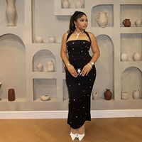 Robe longue fourreau pour femme, style européen et américain, transfrontalière, à col licou, ornée de perles, coupe ajustée, design qui met en valeur les hanches