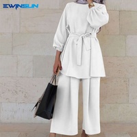 Vestido musculino com cinto abaya árabe roupa feminina musculina empilhado calças mangas compridas conjunto de duas peças