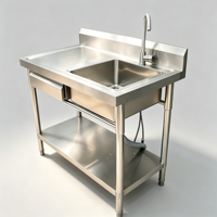 RVS spoelbak met werkblad voor hotelcatering, inclusief voorraadlade, achterwand en onderste plank