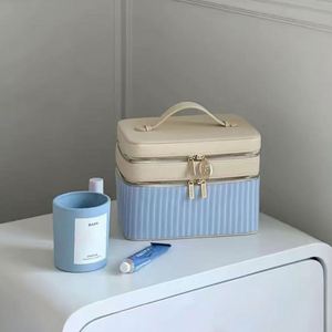 Customized Double Layer Striped <b>Makeup</b> Bag for Women Portable Travel <b>Makeup</b> Toiletry Bag Lychee Pattern <b>Makeup</b> Storage <b>Cases</b> - Product Image 4