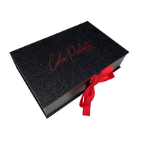 Boîte d'emballage de luxe personnalisée avec ruban magnétique et fermeture en papier pailleté noir avec logo paquet d'extension de cheveux à chaud rouge