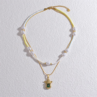Joyería fina de moda, collar de perlas de cadena de capa de acero inoxidable, collar con colgante de ángeles de circón verde chapado en oro