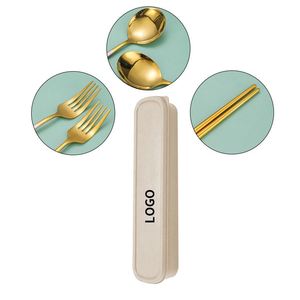 Ensemble de couverts de voyage pliables et portables 3 pièces (cuillère, fourchette, couteau et baguettes) avec boîte - Product Image 1