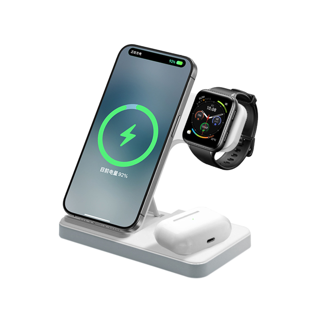 3 in 1 Magnetic Foldable Wireless Charging Station with QC3.0 Type-C for Phone Watch Earbuds 5V/2A Fast Charging Portable Design