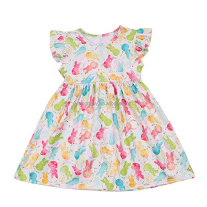 שמלת משי חלב אוסטר אישית עבור בנות הקיץ קיץ מודפסת ארנבת מזדמנים עם שרוולים ruffle הסיטונאי לילדים - Product Image 6