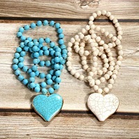 Collier long vintage turquoise avec pendentif cœur, style bohème, perles turquoise, ethnique, chaîne de pull