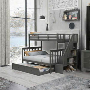 Modern <b>Wood</b> <b>Bunk</b> <b>Bed</b> Storage Stair <b>Bed</b> Frame Bedroom Furniture for Kids- Teens Adults - Product Image 3
