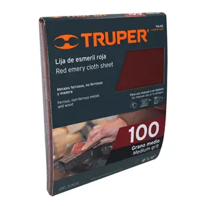 Boîte de 25 papiers abrasifs rouges, grain 100, oxyde d'aluminium, TRUPER - Product Image 1