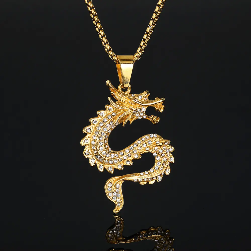 Collana con diamanti placcati in oro stile cinese con ciondolo drago zodiaco Hip hop per uomo