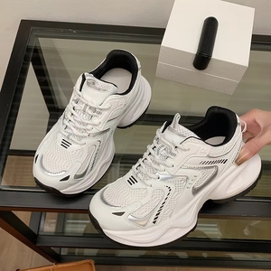 Korean Trend Ladies Mesh Chunky Platform Sneakers Vintage Grey <strong>White</strong> Patchwork Lightweight Casual Height Up Walking <strong>Trainers</strong> - Product Image 1